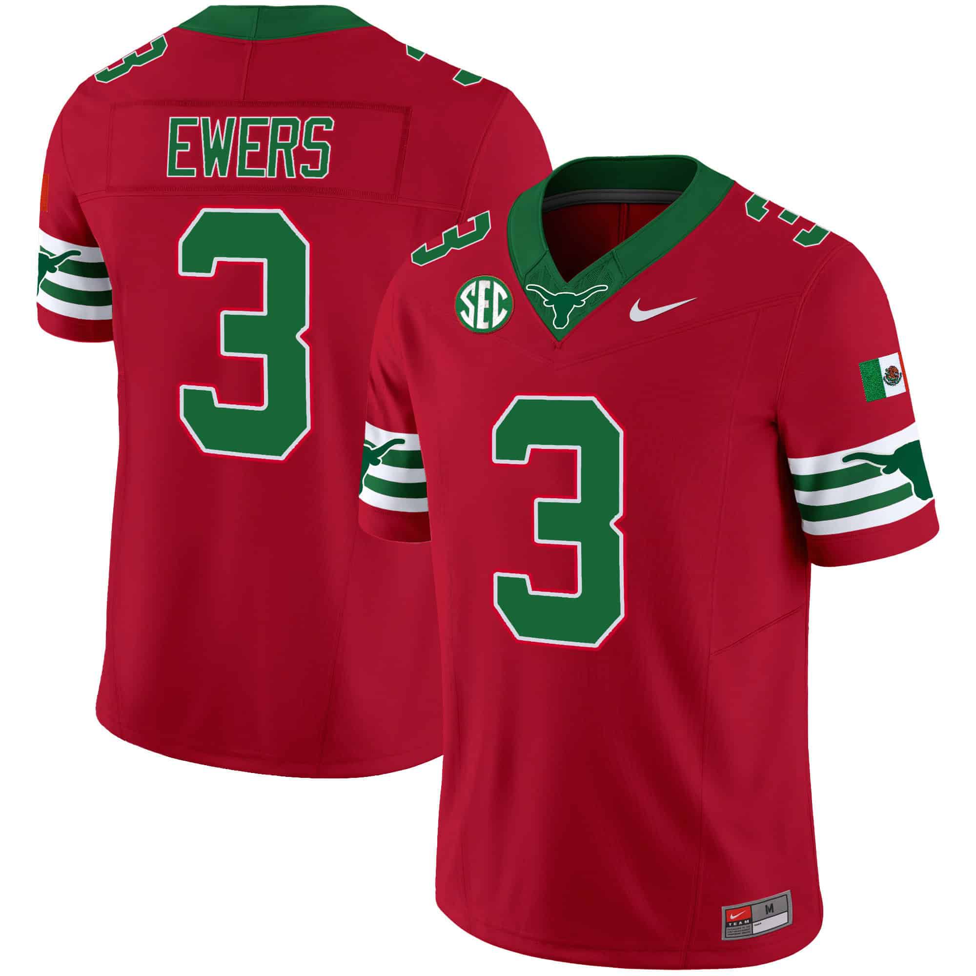 Men Texas Longhorns 3 Ewers Red 2024 Nike Mexico SEC Patch Vapor NCAA Jersey